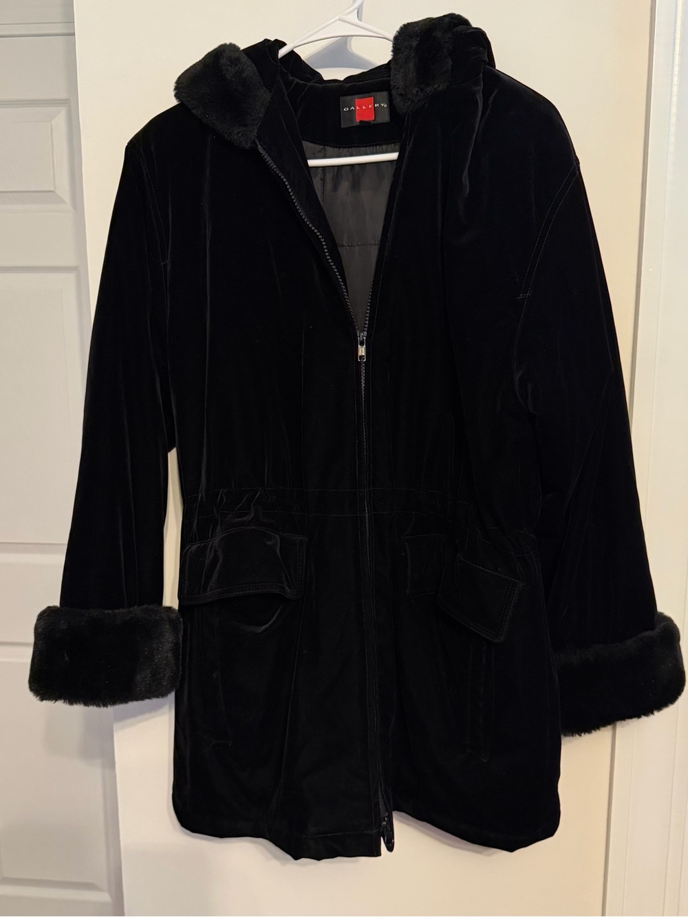 Gallery Black Velvet Hooded Puffer Coat with Faux Fur Trim